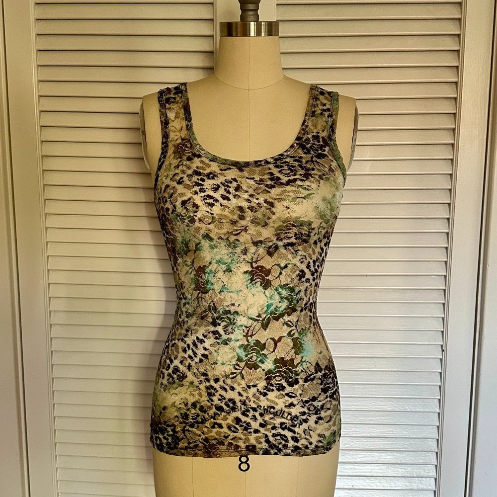 VINTAGE 90s/Y2K WET SEAL SHEER LACE LEOPARD/BLUE FLORAL TANK TOP. SZ M